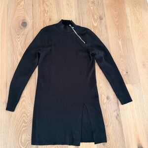 Cable & Gauge Black Long-Sleeve Knit Dress with Zip Neck and Side Slit
